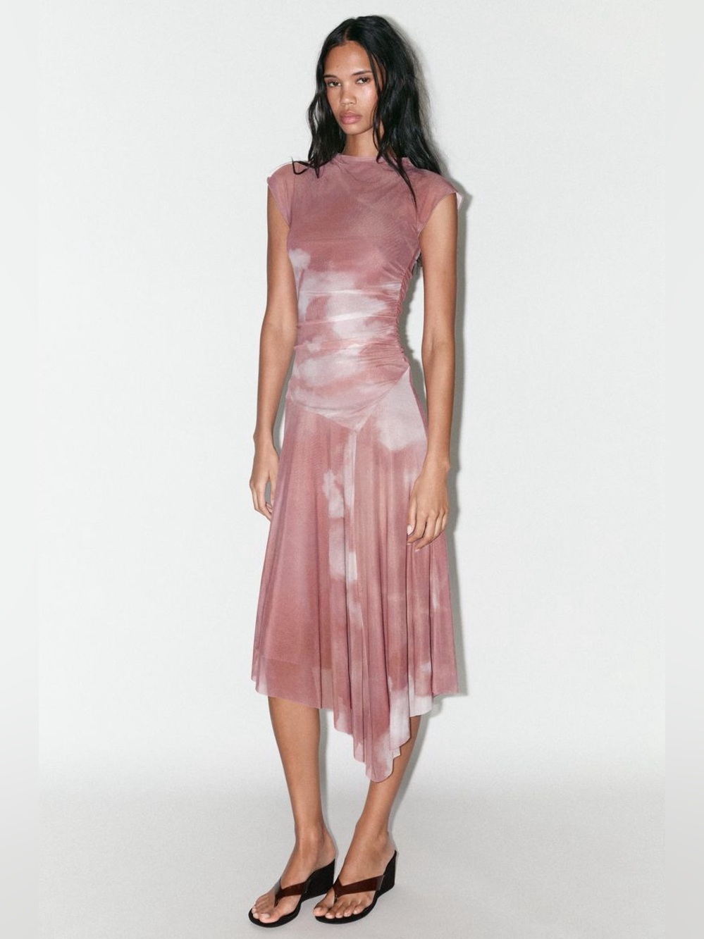 ZARA Mauve and White Tie-Dye Effect Shirted Tulle Asymmetric Hem Dress. S NWT